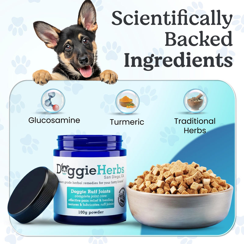 Doggie Herbs Ruff Joints Powder- Advanced Hip & Joint Support for Dogs- Glucosamine, Devil's Claw & Meadowsweet- Mobility & Stiffness Supplement- Pure Active Formula, No Fillers- TCM Doctor Formulated - PawsPlanet Australia