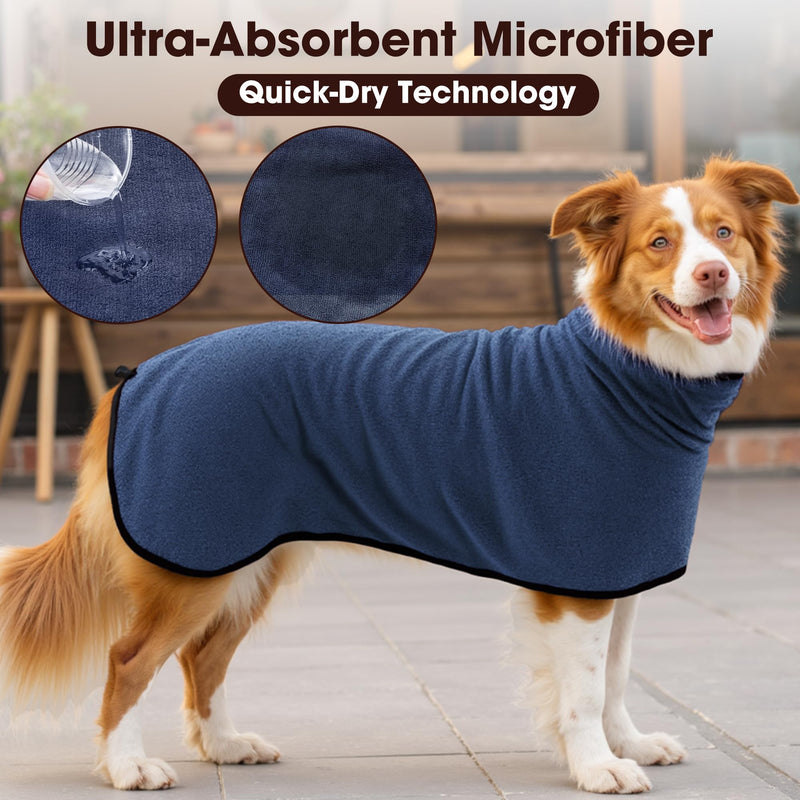 Microfibre Dog Bathrobe Towel Wrap Super Absorbent Dog Drying Coat Bath Robe for Puppy, Medium & Large Dogs, Fast Drying, Adjustable Dark Blue XX-Large - PawsPlanet Australia