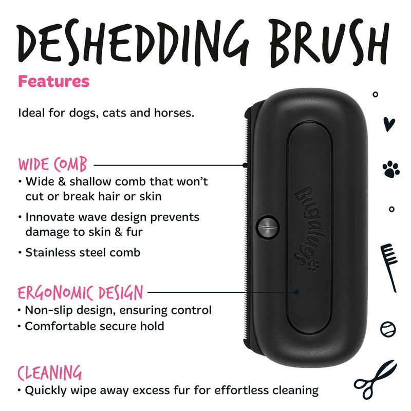 Bugalugs Deshedding Brush for Dogs, Cats, Horses - Pet Grooming Tool that is Gentle & Effective With Wide Shallow Comb, Smooth Groomer for Dog, Cat and Horse (Black) Black