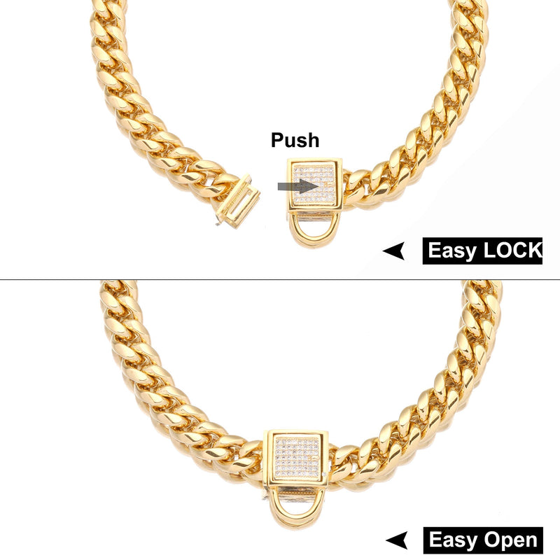 Jewelry Kingdom 1 Dog Chain Collar with Tag and Ice-Out Cubic Zirconia Stones Secure Buckle 18K Metal Stainles Steel Cuban Link Chain 6MM Walking Training Collar 10in to 20in for Dog Puppy Cats Kitty 12" (Fits cat Neck 10" to 11.5") - PawsPlanet Australia