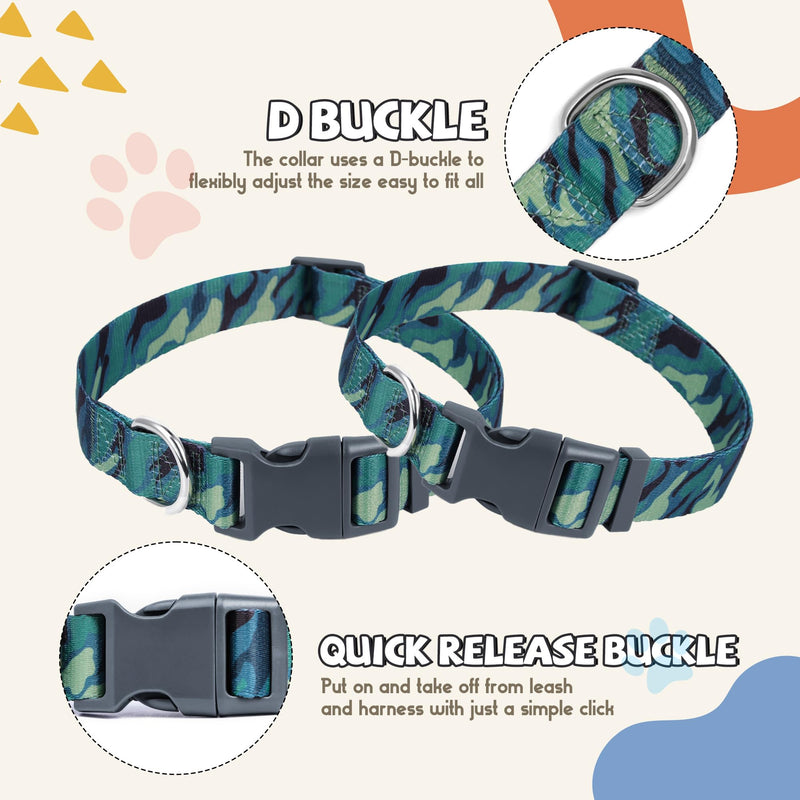 Print Patterned Dog Collar Leash Set, Adjusted Quick-Release Plastic Buckles and Heavy-Duty Steel D-Ring Nylon Collar Leash Set Strong Durable, Green Camo,M Medium Set - PawsPlanet Australia