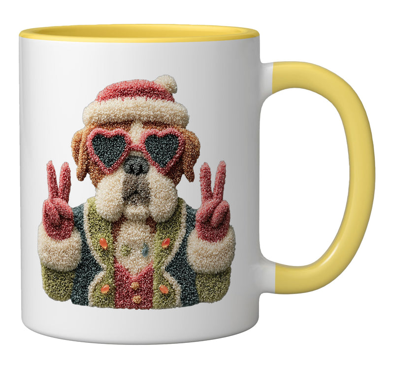 Funny Santa Dog Cute Pet Retro Style Design with Sunglasses Ceramic Mug, Yellow/White 11 Ounces - PawsPlanet Australia