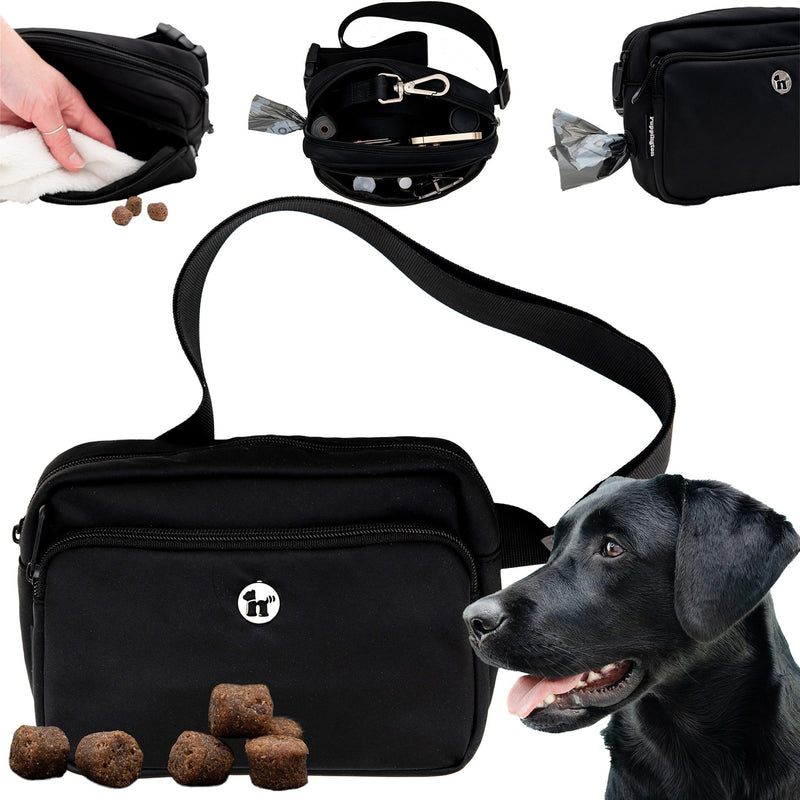 Dog Treat Pouch for Pet Training - Zippered Pockets & Color Match Poop Bag Dispenser - Crossbody & Fanny Pack Belt Bag - Dog Walking Bag Onyx Black - PawsPlanet Australia