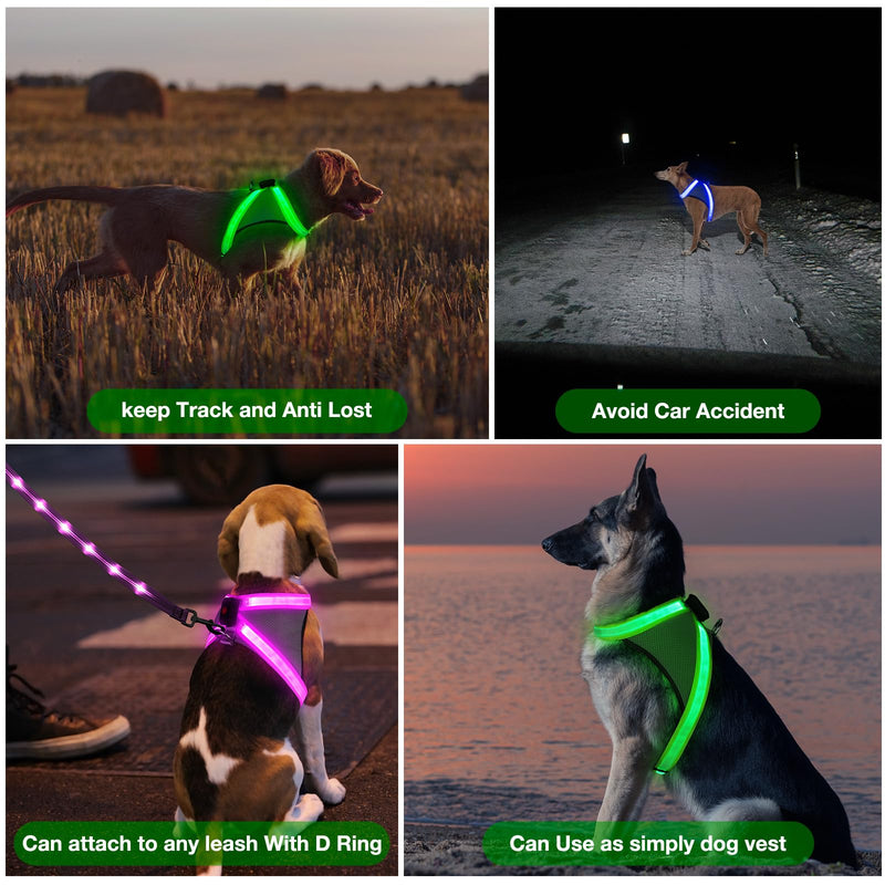 ChalkLit Light Up Dog Harness, No Pull Led Dog Harness Glow-in-The-Dark for Night Walking, USB Rechargeable Lighted Safety Vest for Medium Large Dogs, Adjustable Soft Mesh Fully Illuminated(Green, L) Green - PawsPlanet Australia