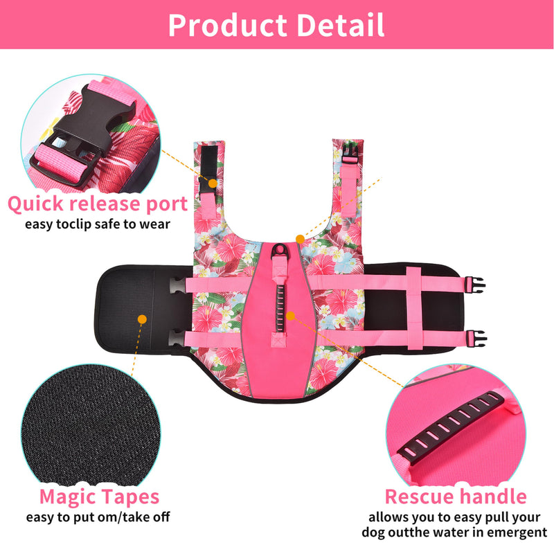 Dog Life Jacket Vest Swimming Adjustable Puppy Life Vests, Ripstop Life Jackets for Small Medium and Large Dogs High Visibility Flotation with Rescue Handle for Water Swim Boating Hunting（XL X-Large Flower+Pink - PawsPlanet Australia