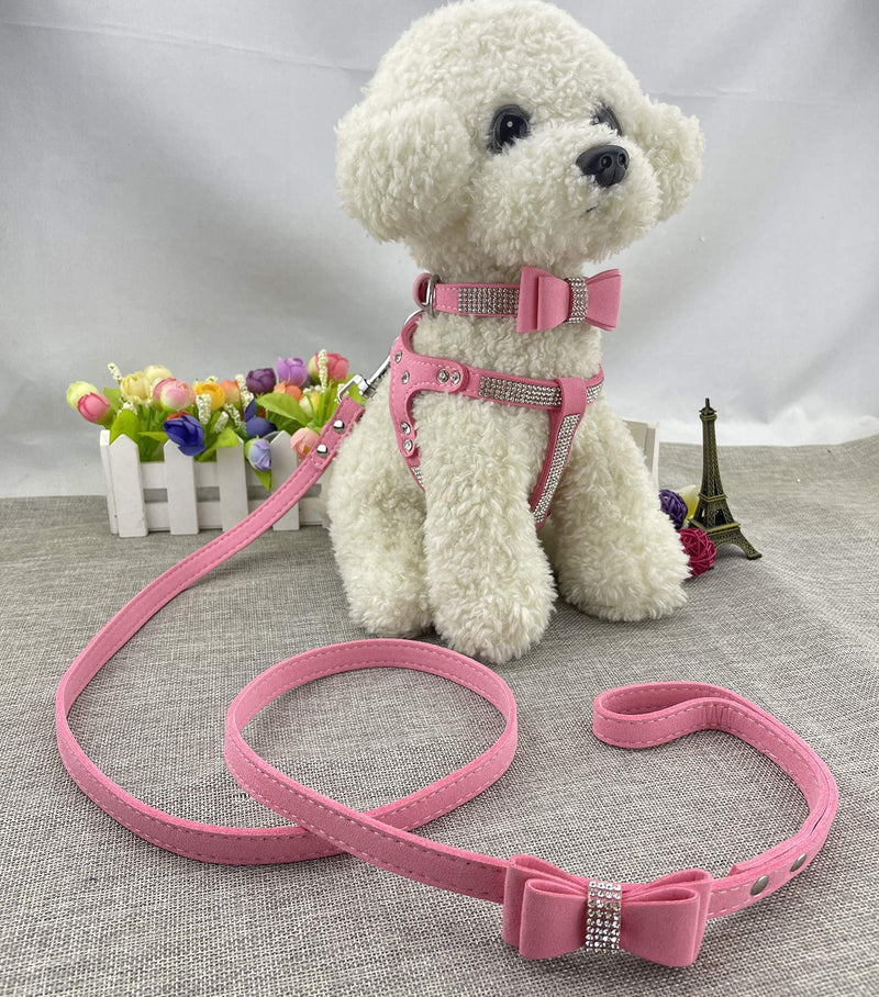 Bowtie Dog Collar & Harness & Lead Sets Comfortable Soft Puppy Collar Diamante with Harness and Leashes Set for Dog - Pink - S - PawsPlanet Australia