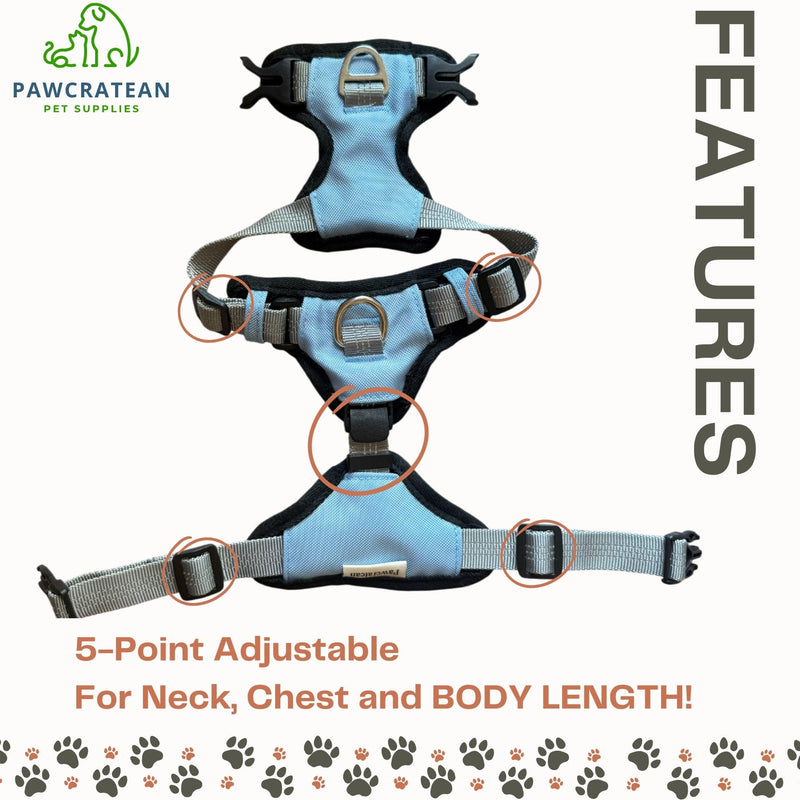Cat 5-Point Adjustable Harness and Leash Set, Sky Blue Polyester, 5-Point Adjustable Vest with Reflective Lines Prefect for Outdoor Soft Comfortable (Medium) Medium