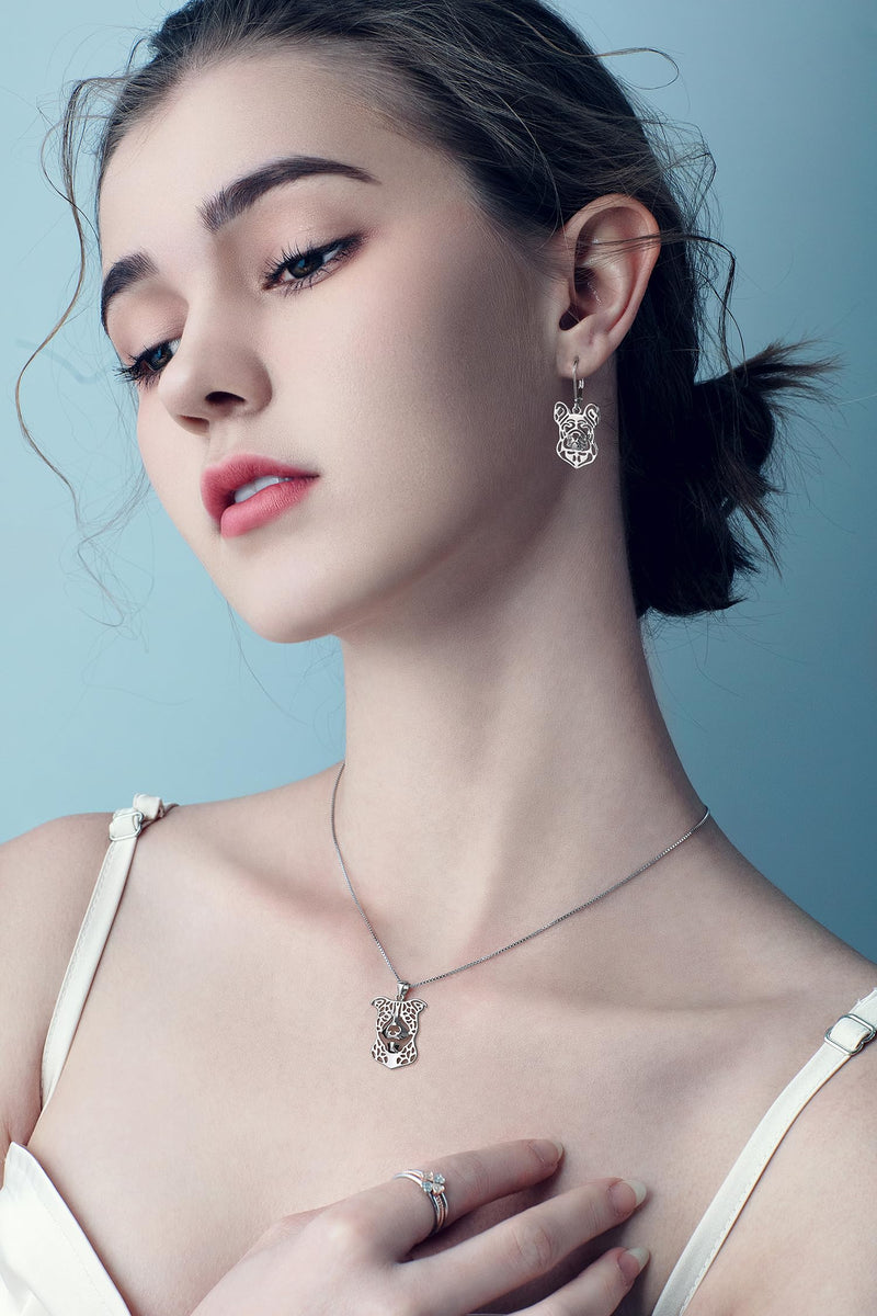 Pitbull Dog Sterling Silver Necklace Dangle Earrings Set by Ginger Lyne Ears Down Puppy Dog Pet Pendant Box Chain Doggie Animal Paw Print Heart Jewelry for Pit Bull Mom Ears Down Necklace - PawsPlanet Australia