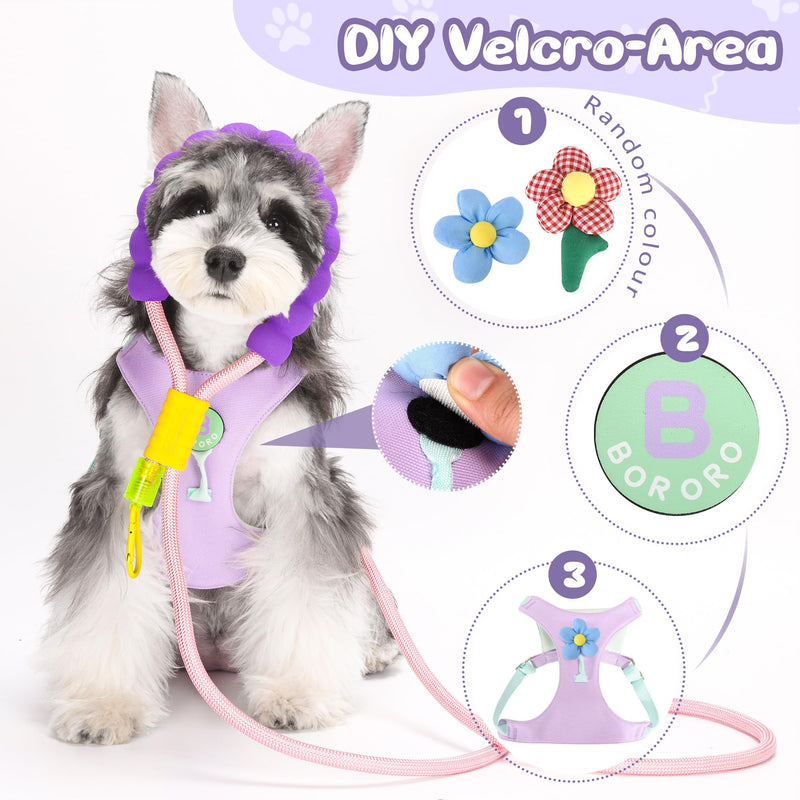 Dog Harness and Leash Set with 2 Flower Patches, No Pull Adjustable Puppy Harness, Step in No Chock Dog Vest for Small Medium Dogs Puppy and Cats(Purple, XS) XS(3.3-5.5lb） Purple - PawsPlanet Australia