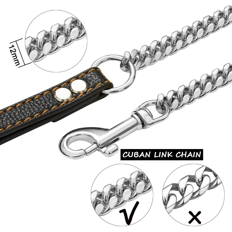 PRADOG Chain Dog Leash Metal Chew Proof 12MM Heavy Duty Pet Leash Chain with Leather Padded Handle for Large Medium Small Dogs(Totally Length of 5ft) 5.0 FT( For S, M Dog) - PawsPlanet Australia