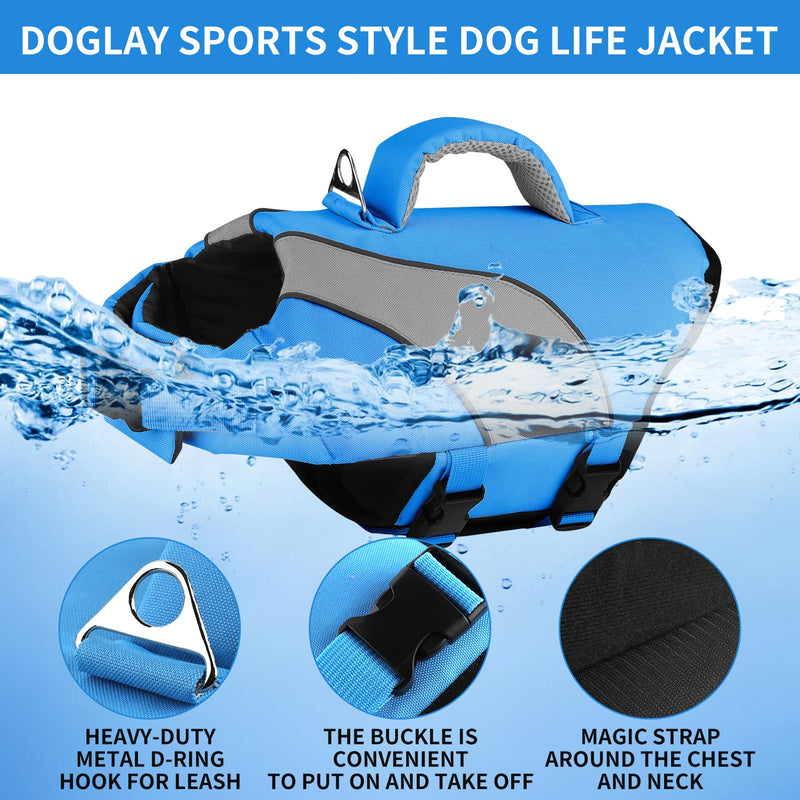 Doglay Dog Life Jacket, Swimming Safety Vest with Rescue Handles and Reflective Stripes, High Visibility Dog Life Vest for Boating, Heavy Duty Pet Safety Vest for Small Medium and Large Dogs. S :16.1"-20.9" (Ribcage Girth)- Single Handle Blue+Gray - PawsPlanet Australia