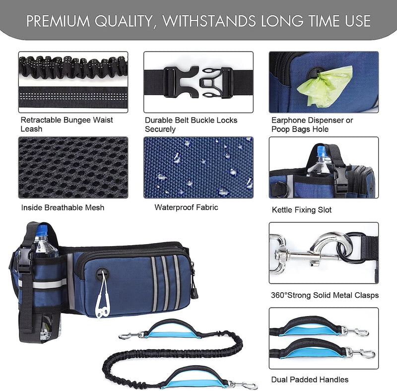 Hands Free Dog Leash with Waist Bag for Medium to Large Dogs, Dual-Handle Reflective Bungee Leash with Poop Bag Dispenser Pouch, Adjustable Waist Belt for Night Walking Jogging Hiking - PawsPlanet Australia