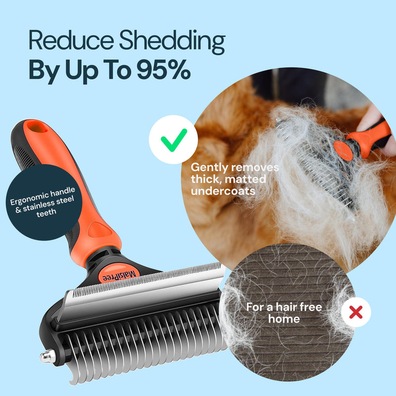 MalsiPree Dog Grooming Brush - 2 in 1 Deshedding Tool & Undercoat Rake for Long & Short-Haired Pets - Dematting Comb & Hair Deshedder Supplies (Large, Orange) for Shedding - PawsPlanet Australia