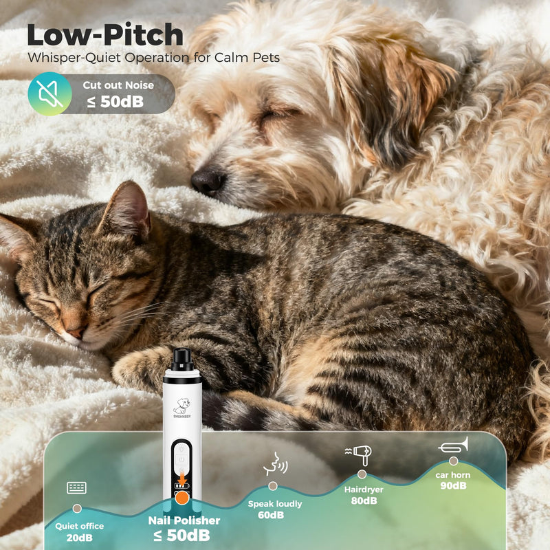 Upgraded Silent Dog Nail Grinder, Cordless Grooming Pro Nail Grinder with 3 Adjustable Speeds & Led Light, Painless Paws Grooming for Small Medium Large Dogs & Cats (2 Replacement Heads) White M2 - PawsPlanet Australia