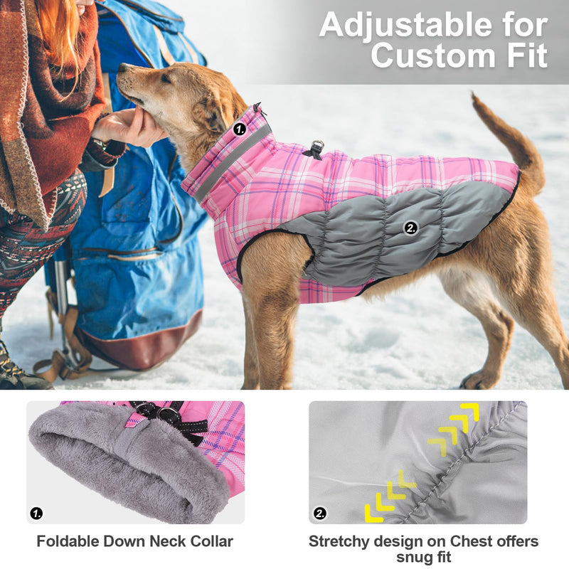 BEAUTYZOO Plaid Dog Coat, Upgraded Reflective Jacket Fleece Padded with Built-in Harness, Waterproof Puffer Vest Turtleneck Pet Apparel for Small to Large Dogs, Pink XXXL XXXL (Back: 27.8",Chest: 43.3", Neck: 29.7")