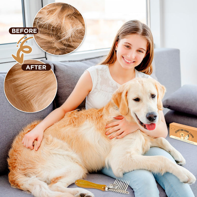 TAKAVU Dematting Fur Rake Comb Brush for Dogs and Cats, Safety Steel Blades Detangling Pet Brush, Undercoat Grooming Brush Cutting and Removing Dead Matted Knotted Hair for Doodles Poodles Terrier - PawsPlanet Australia