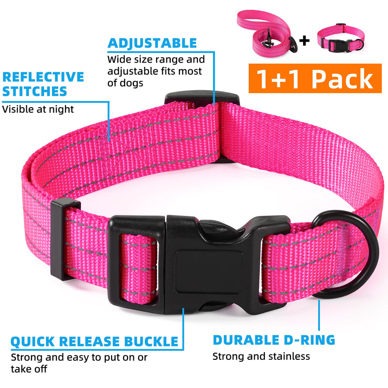 Mile High Life | Reflective Dog Collar Leash Set | Small Medium Dog Collar Leash Adjustable (Reflective Solid Pink, Large (Pack of 2)) Large (Pack of 2) Reflective Solid Pink - PawsPlanet Australia