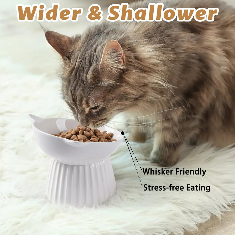 Ceramic Raised Cat Bowl，Tilted Raised Cat Bowl Anti Vomit Cat Bowls for Indoor Cats Whisker Friendly Pet Feeder for Cats Puppies, Microwave and Dishwasher Safe White