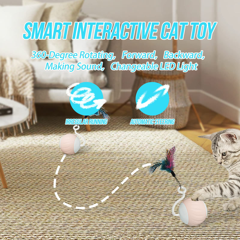 Turbo Tail Cat Toy Interactive Cat Balls Cat Toys For Indoor Cats, Turbo Tail Mouse Cat Toy With LED Rainbow Lights Feathers & USB Charging Cable, Touch Control And Sound Control Smart Cat Ball Toy A2- Pink - PawsPlanet Australia