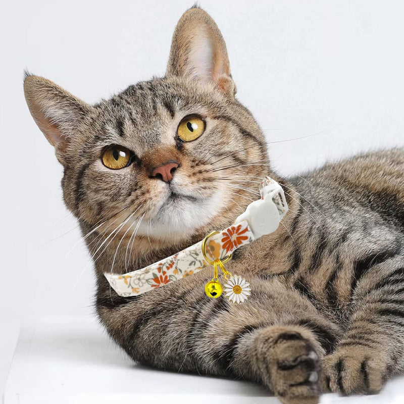 2 Pack Cotton Breakaway Cat Collars Set with Bell and Flower Pendant, Cute Floral Fruit Patterned, Adjustable 7.5-11Inch, Include A Mouse Toy Gift beige+dark pink - PawsPlanet Australia