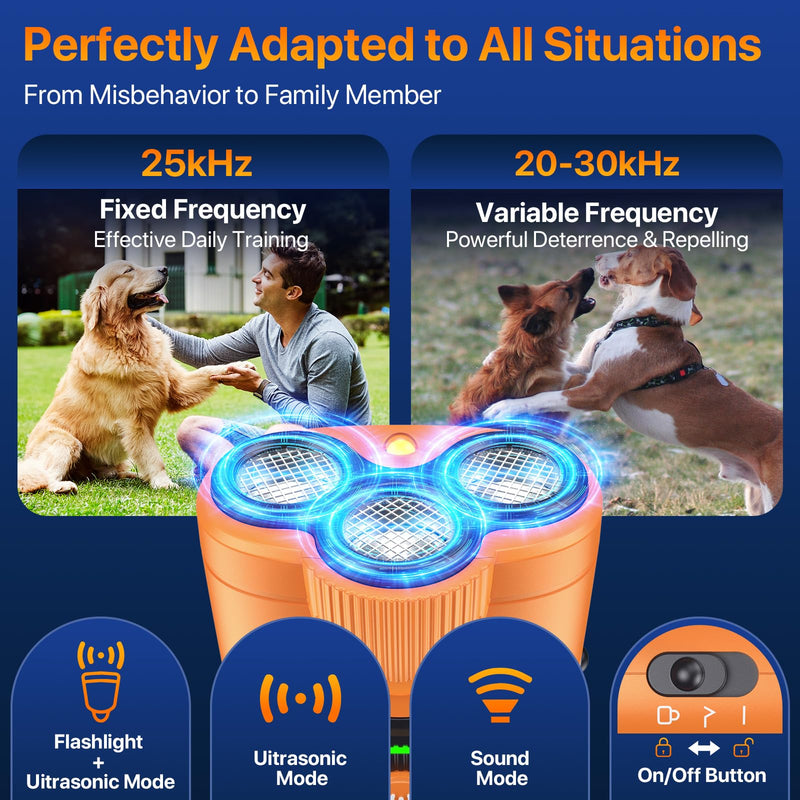 Dog Bark Deterrent Device, 3X Ultrasonic Anti Barking Device for Dogs, 6 Training Modes & 23 FT Range Stop Neighbors Dog Barks, Portable Dog Training Tool with Flashlight Indoor Outdoor Use, Amber Only Device - PawsPlanet Australia