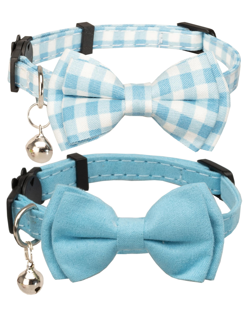 Cat Collar with Bell Girl Boy Kitten Bow Tie Safety Breakaway Plaid Solid Color Gift Set Spring Pink Cute [2pcs] Blue