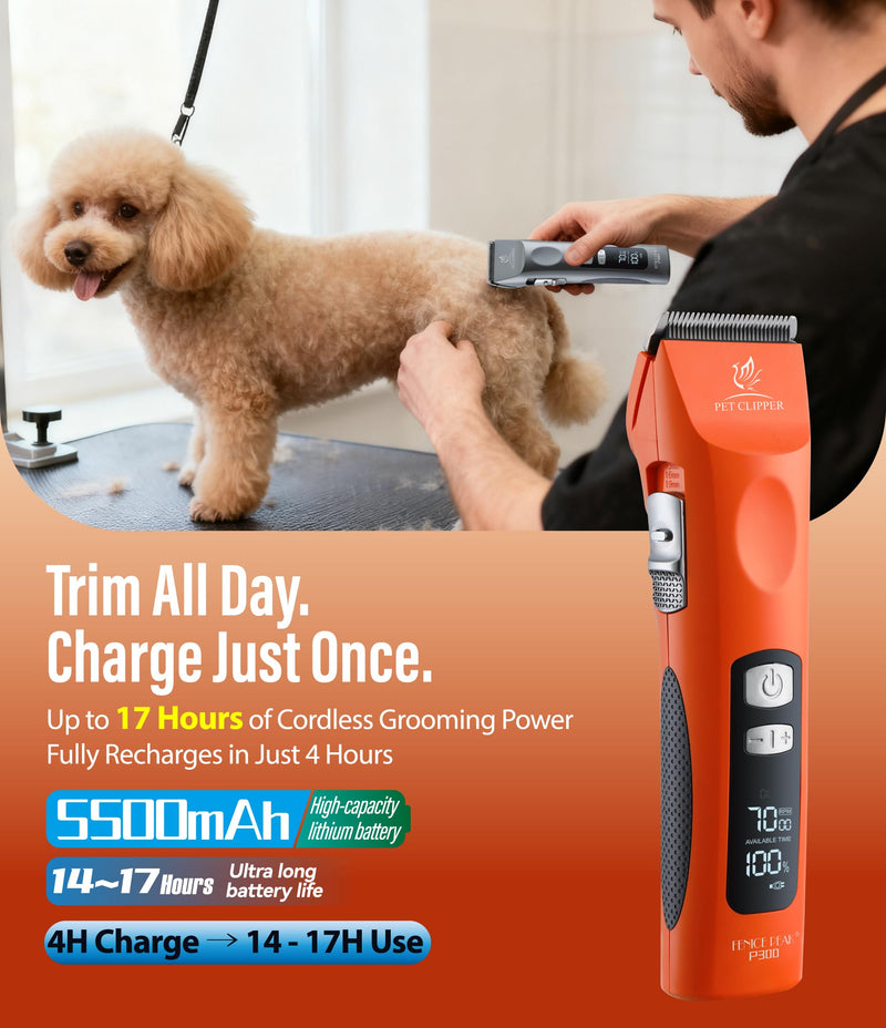 Professional Dog Grooming Clippers with 17H Runtime & Replaceable 440C Blade, 5-Speed Low Noise Electric Dog Shaver for Thick, Matted, Curly Hair, Cordless Clipper for Groomer & Home Use, Orange Clipper+10FC Blade - PawsPlanet Australia
