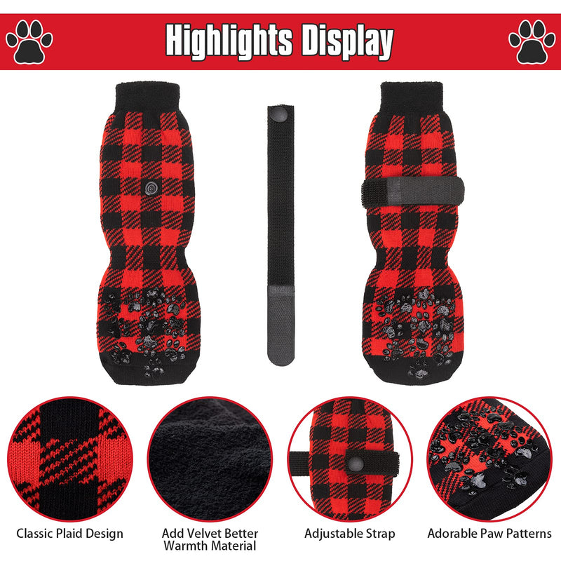 BINGPET Warm Non-Slip Dog Socks for Winter Cold Weather, Classic Plaid Soft Pet Paw Protector with Adjustable Straps and Double-Sided Anti-Slip Paw Patterns, Better Control on Wooden Floor Red Small - PawsPlanet Australia