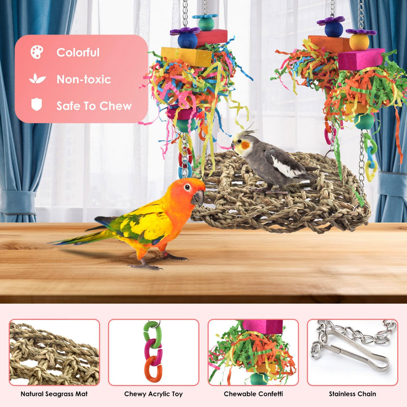 KATUMO Conure Toys, Bird Grass Swing Mat Parrot Climbing Hammock with Colorful Toys for Parakeet, Cockatiel, Sun Conure, Lovebird, Budgie, Small Birds 6.4 x 6.4 x 0.78 inch - PawsPlanet Australia