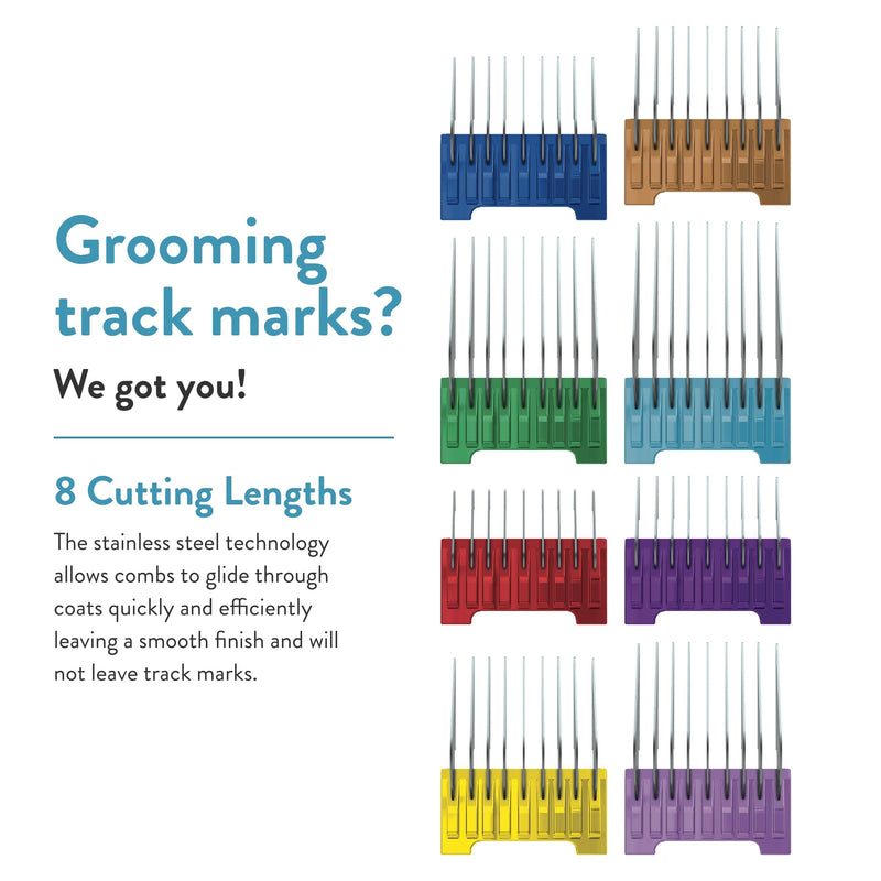 Wahl Stainless Steel Comb Set, Coloured Attachment Combs, For Wahl Arco, Belisima, Bravura and Chromstyle, Clipper and Trimmer Accessories, Storage Caddy Stainless Steel Comb Attachments