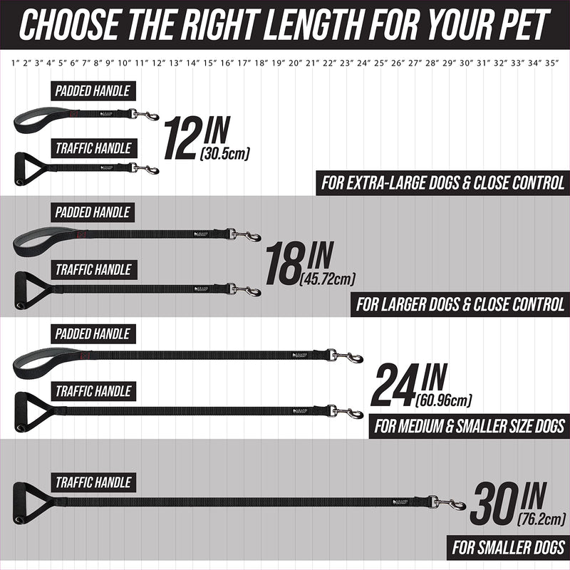 Leashboss Short Dog Leash for Dog Training | Padded Traffic Handle Short Leash for Dog Training, Total Comfort when Dog Walking | Traffic Leash for Dogs Large, Medium, Small | Short Nylon Dog Lead 12 Inch Black - PawsPlanet Australia
