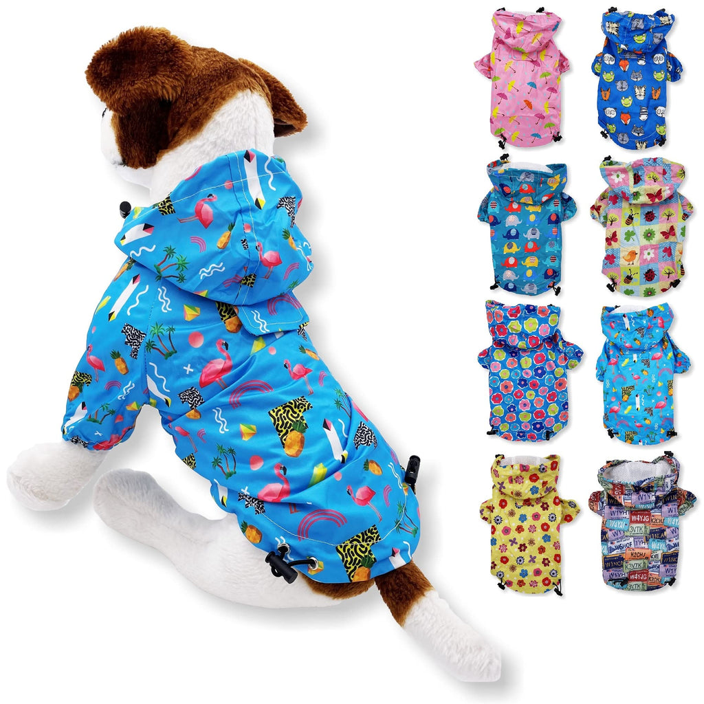 Dog Raincoat Hooded Leash Hole Waterproof Rain Coat Jacket Rainwear for Small Pet Cat Puppy (XXS: Length - 8", Blue Flamingo) XXS: Length - 8"