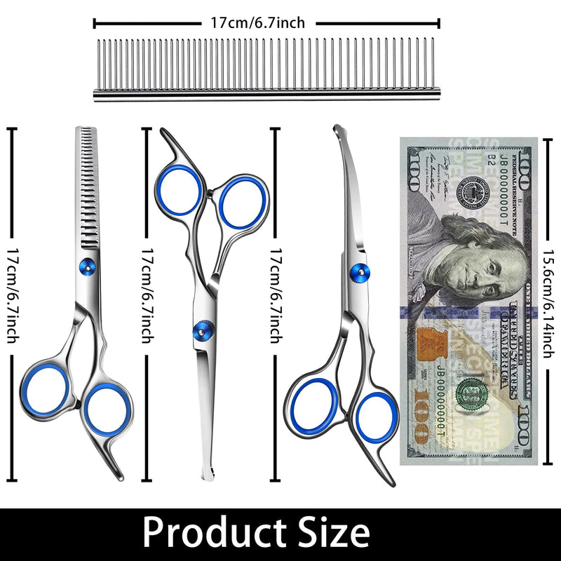 Dog Grooming Scissors with Safety Round Tip,Professional Dog Grooming Kit,Dog Hair Shears Set,Incude Thinning、 Curved、Straight Scissors and Comb.Suitable for The Right Hand Blue 5 in 1 - PawsPlanet Australia