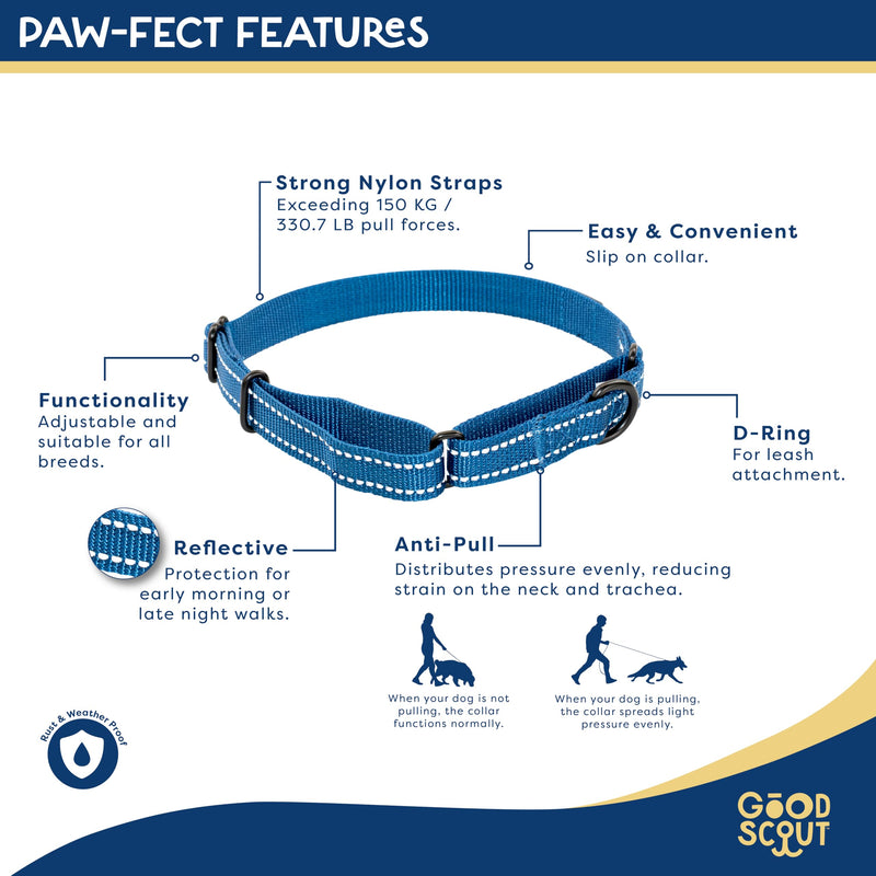 Good Scout Martingale Heavy Duty Dog Collar for Large Dogs, Durable Slip-on Collar, Puppy Training Collar, Reflective Material for Safety & D-Ring for Quick Leash Attachment, Blue
