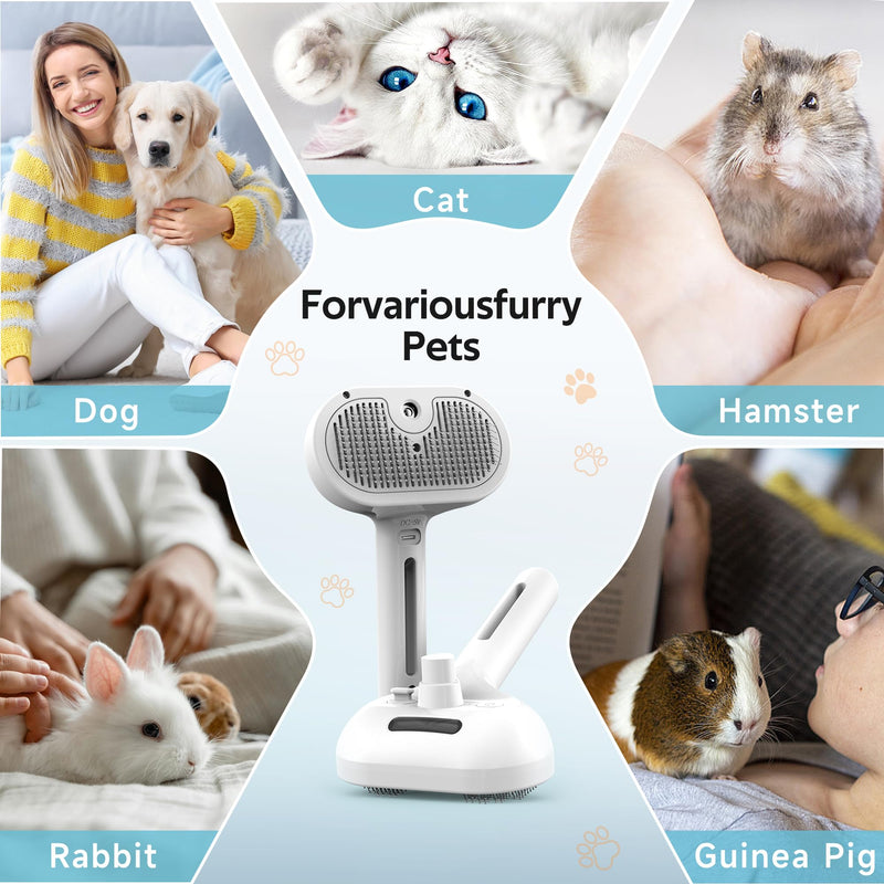 Pet Grooming Brush with Electronic Mist Spray - Gentle Deshedding Tool for Cats & Dogs, Reduces Shedding, Easy to Use, Soft Bristles, Promotes Healthy Coat-Comes with a hair smoothing comb-White White - PawsPlanet Australia