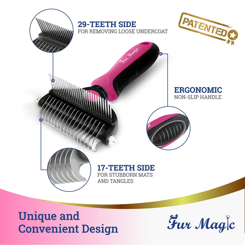 Fur Magic Deshedding and Dematting Comb Double Sided Undercoat Rake Pet Grooming Brush Removing Mats, Knots & Tangles for Dogs and Cats with Long and Medium Hair, Pink