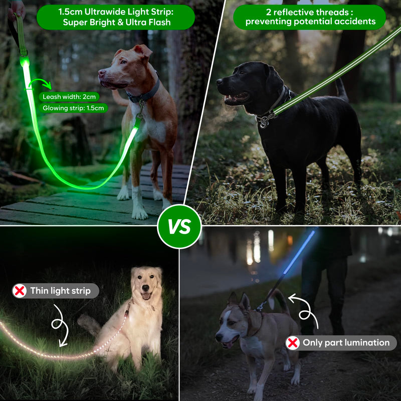 LED Dog Leash, Light Up Dog Leash 4 Ft Fully Illuminated USB Rechargeable Waterproof, Nylon Reflective Leashes with Padded Handle for Dogs Night Walking, Safety Glow in The Dark for Large Medium Pets Green - PawsPlanet Australia