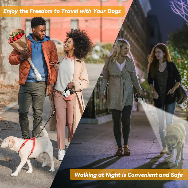 Heavy Duty Retractable Dog Leash for Large Dogs, 26ft with Chew Proof Cable, LED Light, Dispenser, 2 Poop Bags. 360° No Tangle, One Button Brake & Lock, for Dogs Up to 100Lbs. (White, 26ft) White - PawsPlanet Australia