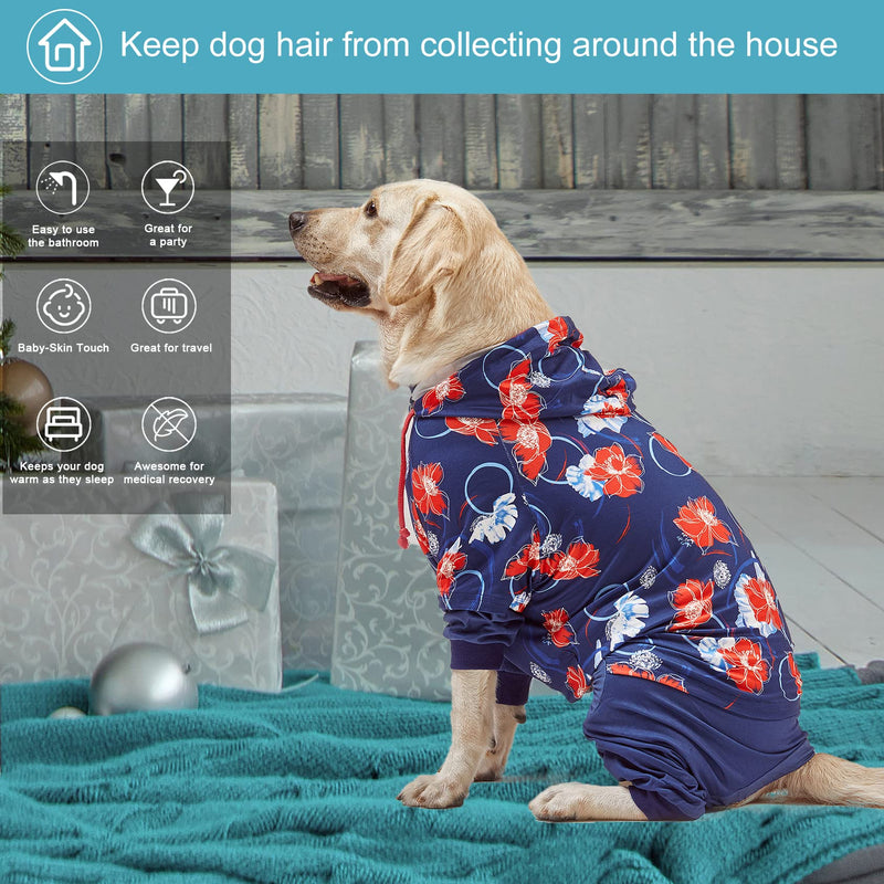 LovinPet Big Dogs Breeds Jammies, Wound Care/Post Surgery Clothes, Pet Anxiety Onesies for Dogs, Lightweight Stretchy, Large Breed Dog Pajamas, Reflective Stripe, Floral Navy & Red Print, Pet PJ's/XL X-Large Blue