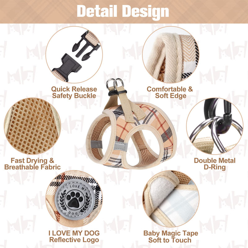 BEAUTYZOO Small Plaid Dog Harness and Leash Set for XS S Pets, Step in No Chock No Pull Soft Mesh Dog Vest Harnesses Reflective for Extra-Small/Small Medium Puppy Dogs and Cats, Beige S Small(Chest Girth 14.5" - 16")