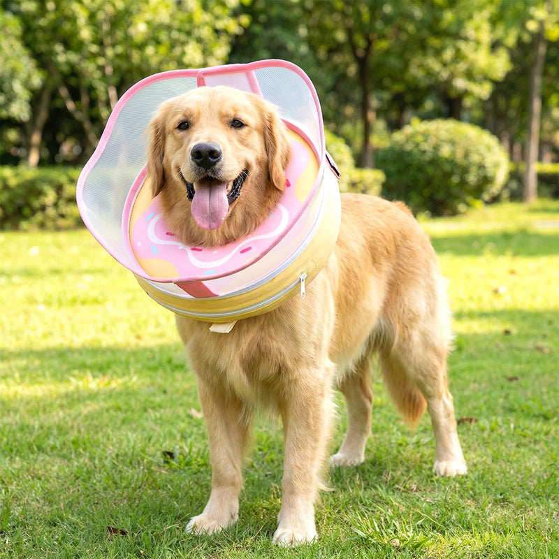 Inflatable Dog Cone Collar with Removable Clear Protective Shield, Soft Pet Recovery E-Collar for Dogs After Surgery, Adjustable Elizabethan Collar to Prevent Licking Biting Scratching (Pink, Large) Pink L (Neck 13"-15")