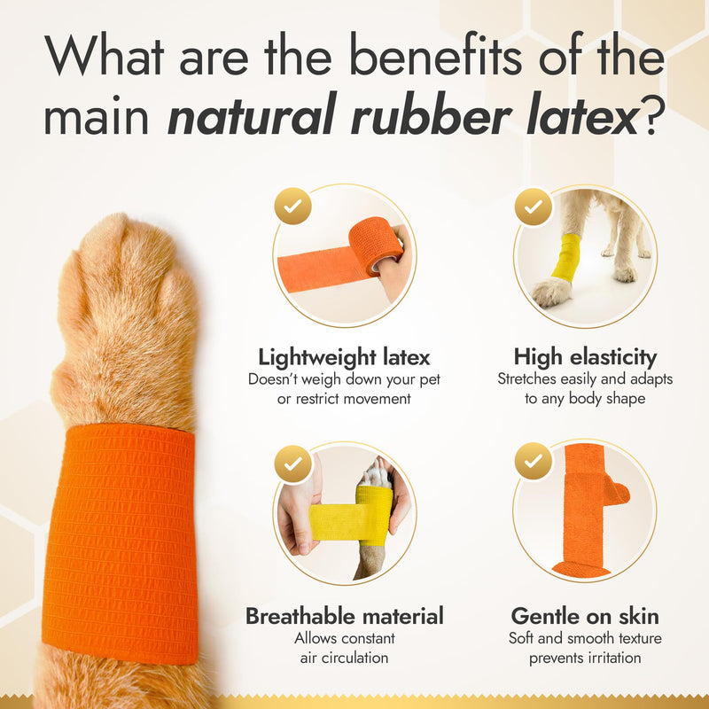 Self-Adhesive Elastic Dog Bandages for Wounds Protect from Licking, Dirt and Scratching – Set of Wraps from Natural Rubber Latex – Dog Bandage for Large & Small Pets – 5 х 5 cm + 2 х 10 cm Rolls 5 pcs x 5 cm + 2 pcs x 10 cm