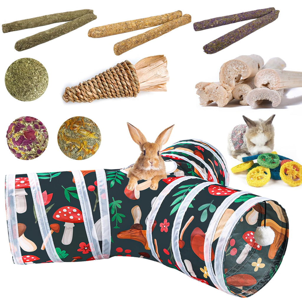 Rabbit Toys, Bunny Tunnels and Tubes with Chew Toys for Grinding Teeth Bamboo Carrot Loofah and Grass Ball for Rabbit Guinea Pig Chinchilla Ferret Rat Invisible Green