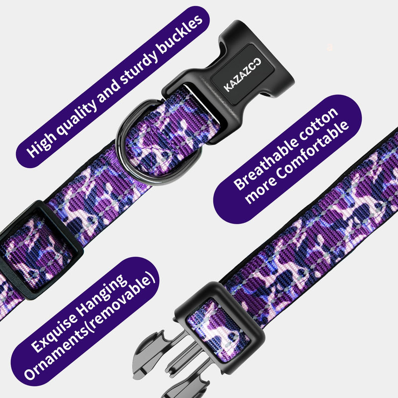 Kazazoo Reflective Dog Collar with Soft Padding Dog Collar for Large Dogs, Reflective Wide Nylon Adjustable Collar with Soft Padding, Durable Buckle for Pitbull Labrador Retriever,Girl Purple camo-L L
