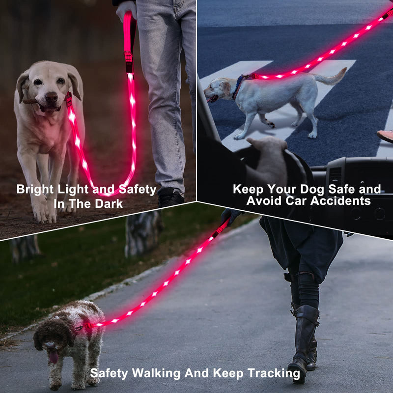 Led Dog Leash, 4 Ft Light Up Dog Leash Rechargeable Waterproof, Nylon Reflective Leashes with Padded Handle for Night Walking, Safety Glow in The Dark Dog Leash for Large Medium Small Pets Pink - PawsPlanet Australia