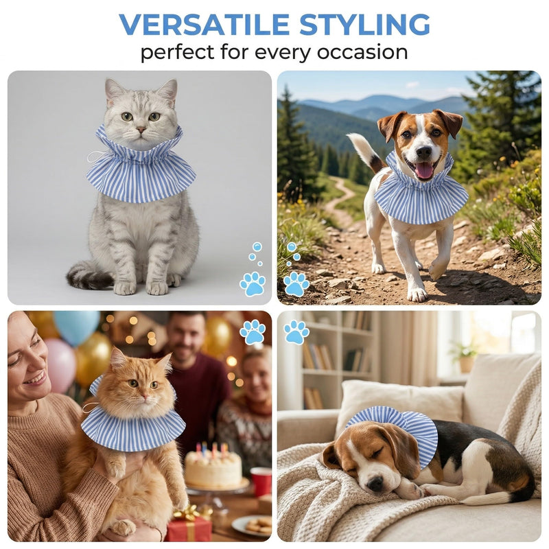 Protective collar for dogs and cats, soft striped blue recovery collar, adjustable lick protection after surgery, comfortable neck brace for pets to aid wound healing, multicolored