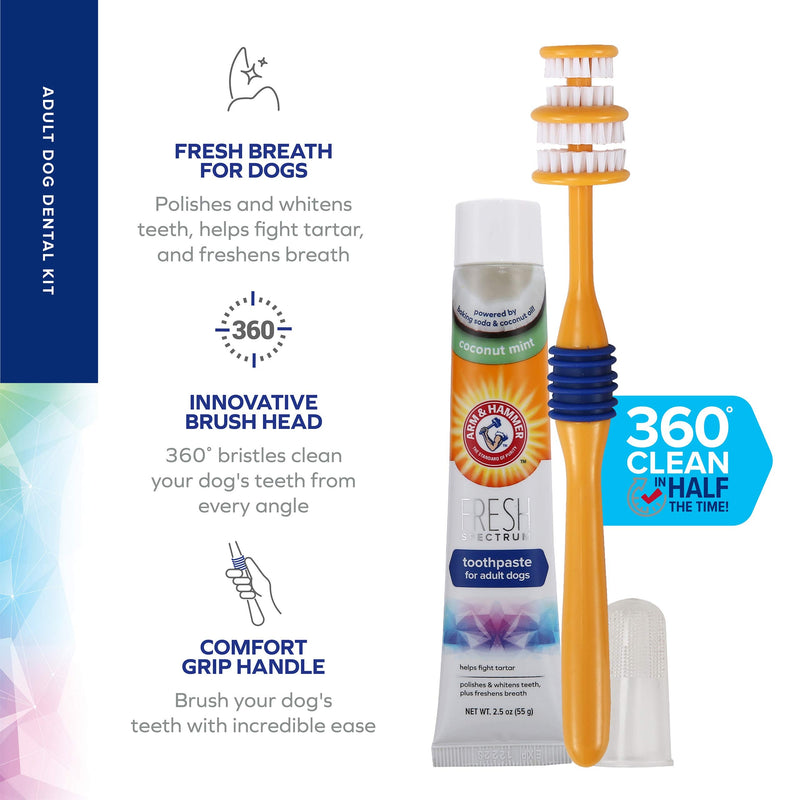 ARM & HAMMER Coconut Dental Care Kit for Dogs - Includes 360° Toothbrush, Coconut Mint Toothpaste & Finger Brush. Tartar Remover, Freshens Breath, Gums and Teeth Cleaning