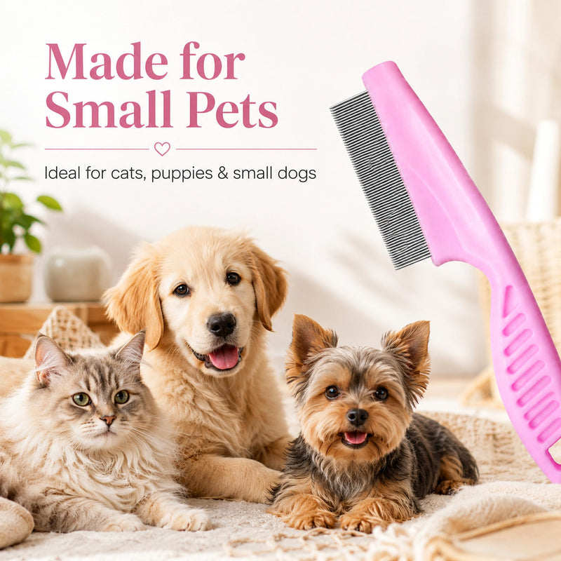 Flea Comb for Cats and Dogs, Small Pink Fine Tooth Pet Grooming Comb with Stainless Steel Teeth, Manual Pet Care Tool for Kittens, Puppies, Face, Eyes, Paws, Short Medium Coats