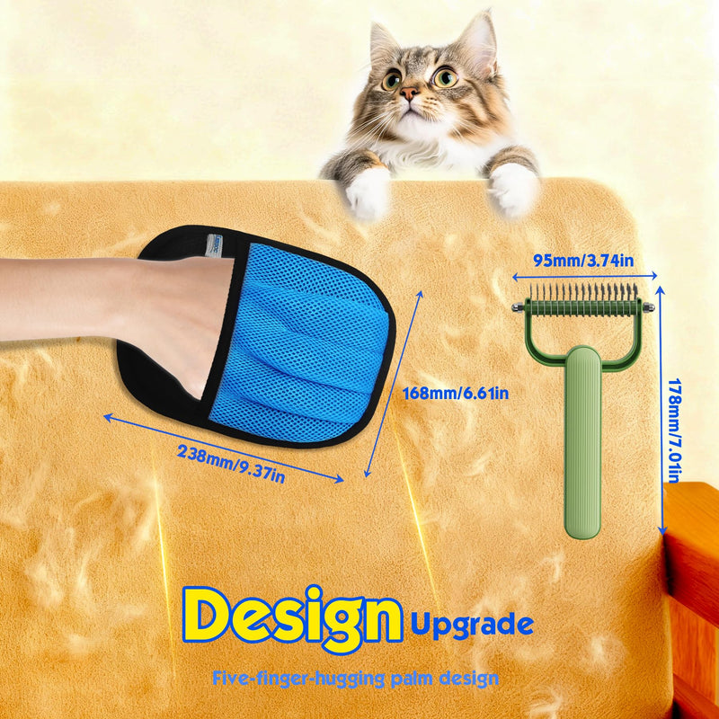 Pet Hair Removal Glove for Cats & Dogs, 2 Pcs Five-Finger Electrostatic Hair Remover Golve, with Pet Double-Sided Deshedding Brush Pet Hair Remover Tool on Carpet, Clothing, Laundry, Couch, Car Seat