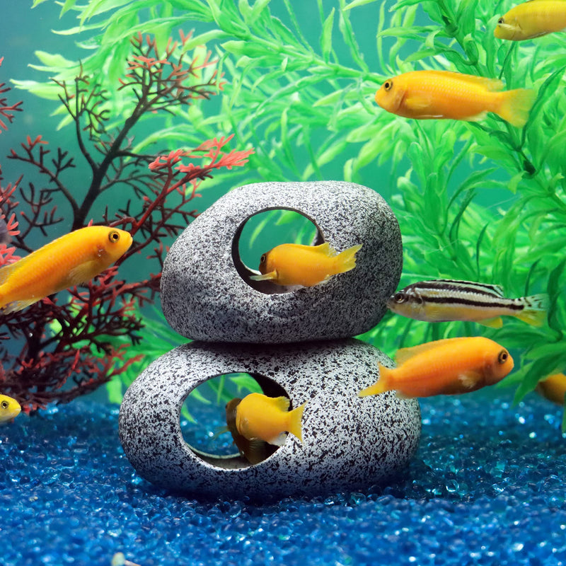 JIH Aquarium Decorations Rock, Ceramic Shelters - Shrimp Habitat, Breeding Tube, Hiding cave, Stackable Fish Tank Decor Cave for Hiding, Betta Fish (J001+J002) J001+J002